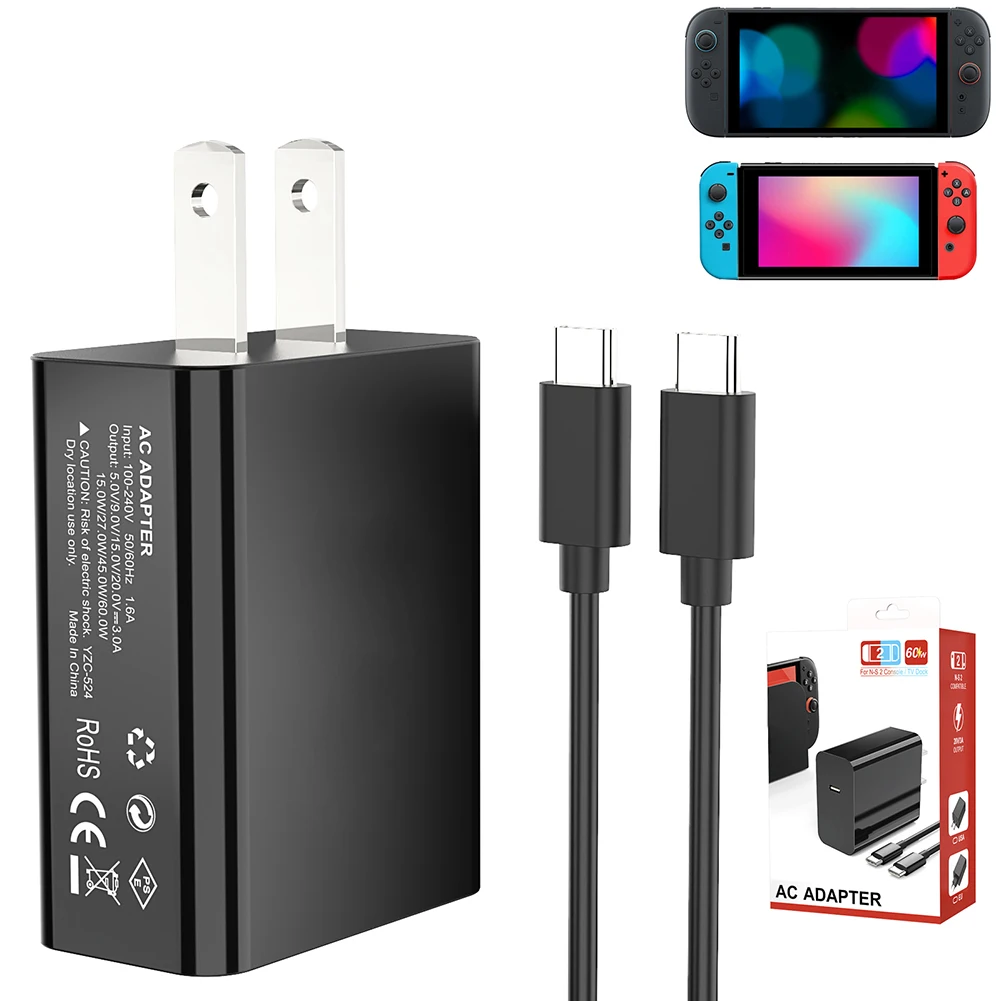60W Charger AC Adapter Power Supply with USB C Cable Wall Charger Type C Charger for Nintendo Switch2 Accessories