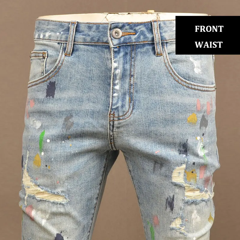 Pantalones vaqueros rasgados Vintage para Hombre, Jeans Retro elásticos, ajustados, diseño pintado, Hip Hop, moda urbana, azul