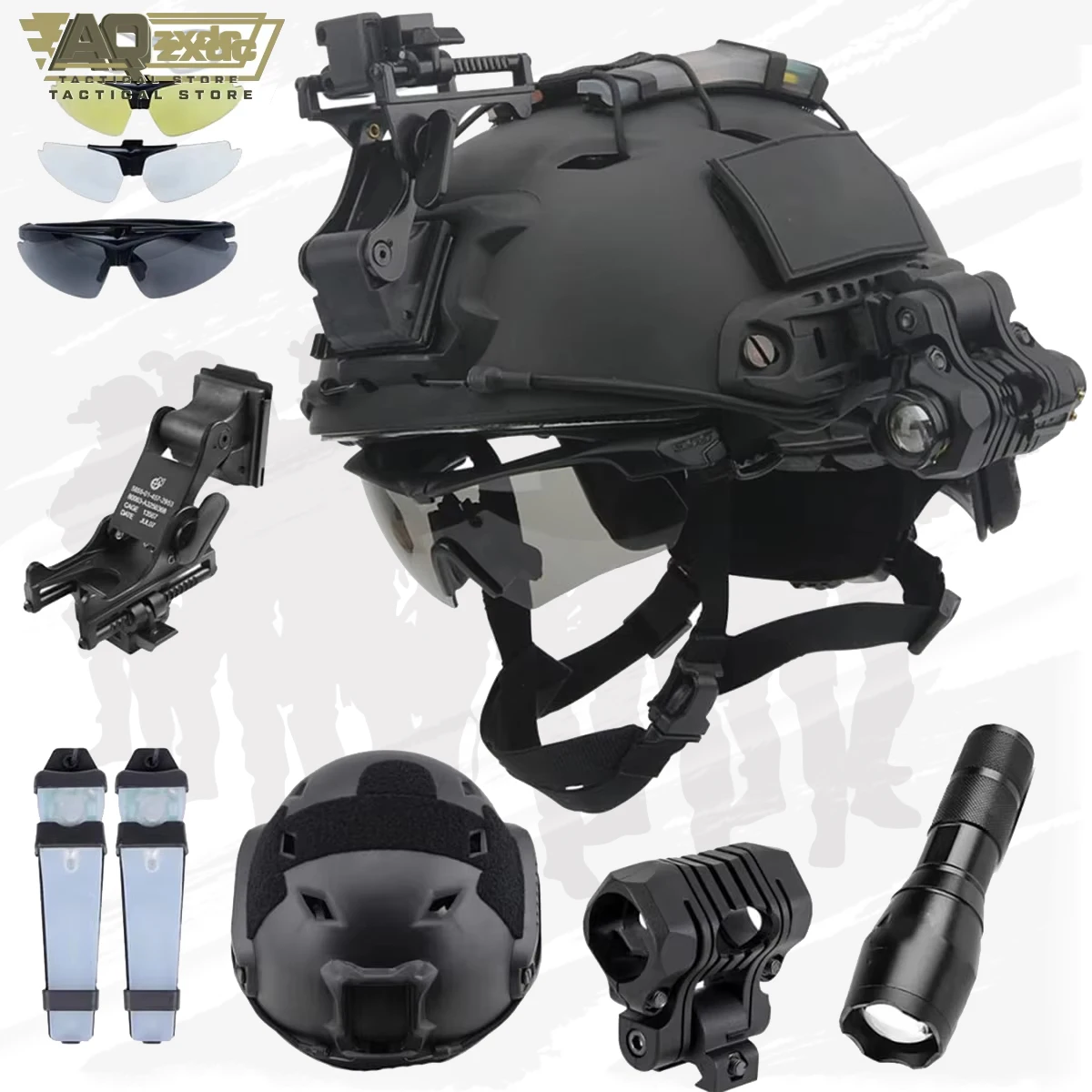AQzxdc Airsoft Helmet Set Tactical Goggles Helmet Light Signal Light Tactical Flashlight and Night Vision Goggle Mount Bracket