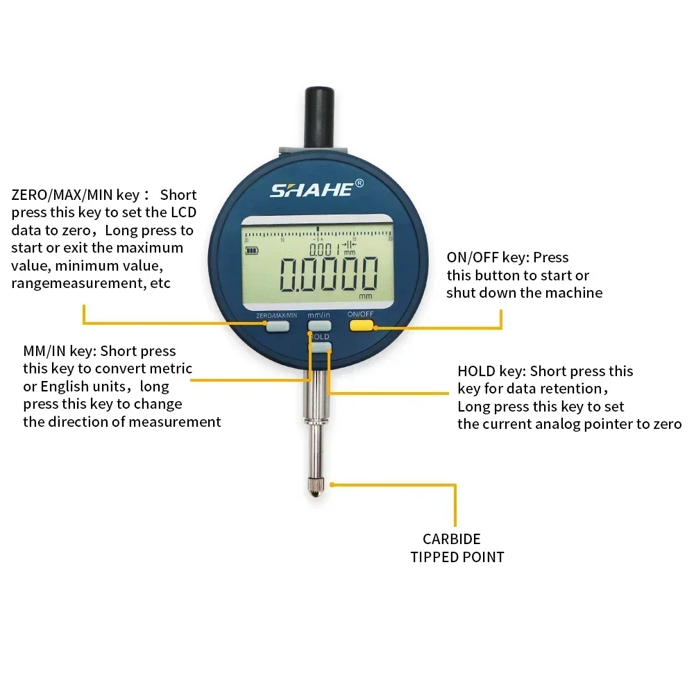 SHAHE 0.2μm High Resolution Digital Dial Indicator 0.5\'\'/12.7mm Precision Tool Tester Dial Indicator