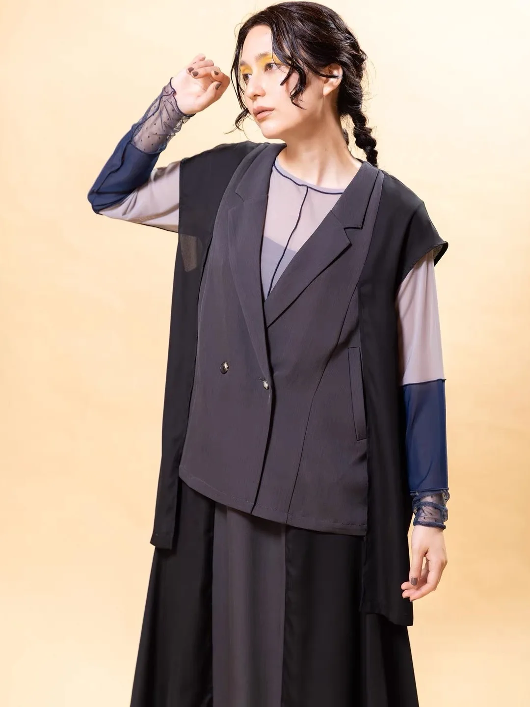 Elegant Tailored Color Block Vest Fashionable Patchwork Design Pure Color Double Breasted Button mid Length Ladies Jacket