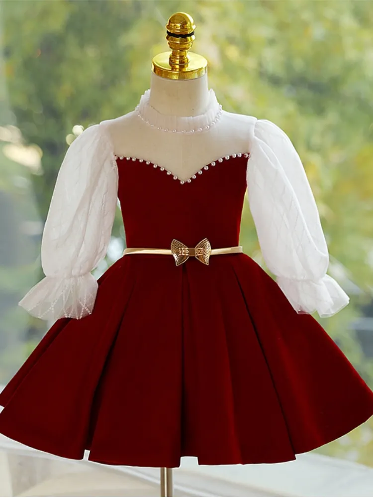 Niemowlę dziewczynka księżniczka złoty aksamit perłowa sukienka bufiasty rękaw niemowlę maluch dziecko kokarda pas Vestido świąteczne ubrania dla dzieci 1-12Y — zdjęcie 2