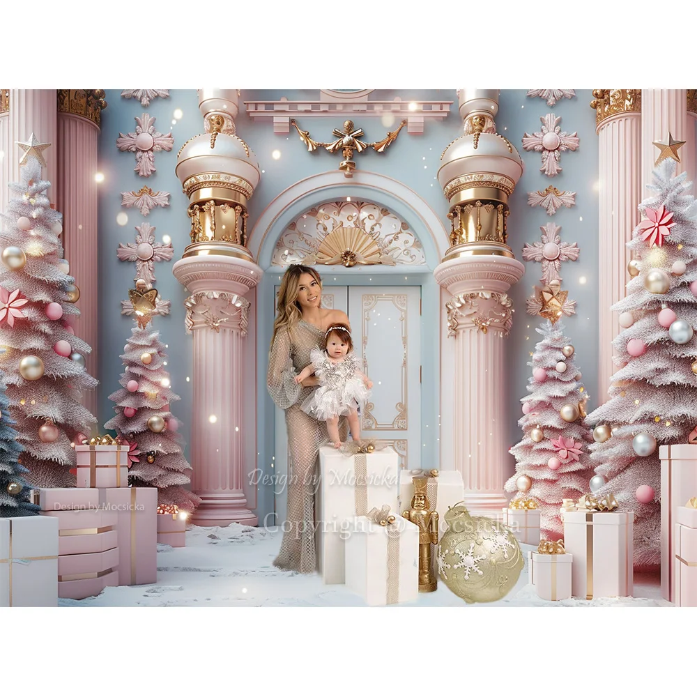 Christmas Nutcracker Soldier Photography Background Pink Palace Door Xmas Tree Wreath Gift Backdrop Booth Winter Kid PhotoStudio