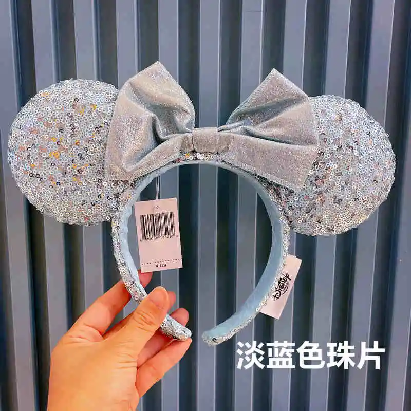 2024 Original Disney Mickey Minnie Ears Headband Disneyland Leather Headband Hairband Sequin Bow Party Hair Accessories Gift