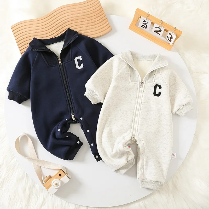 Baby Clothes Newborn Thick Jumpsuit 0-2 Y 2024 Autumn New Boys Fur Lining Sporty Romper Toddler Outdoor One Piece