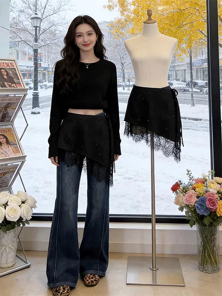 

Korean Sle High-End Rhinestone Irregular Lace Patchwork f Skirt Women's Faion New 2026 Fake Two-Piece ort Skirt