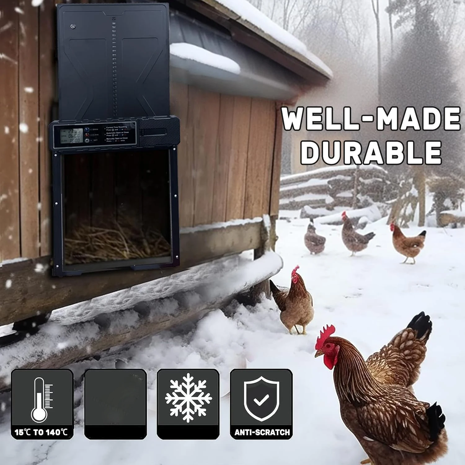 Automatic chicken coop door, large-sized LCD screen with timer, powered by 3 * AA batteries (battery not included)
