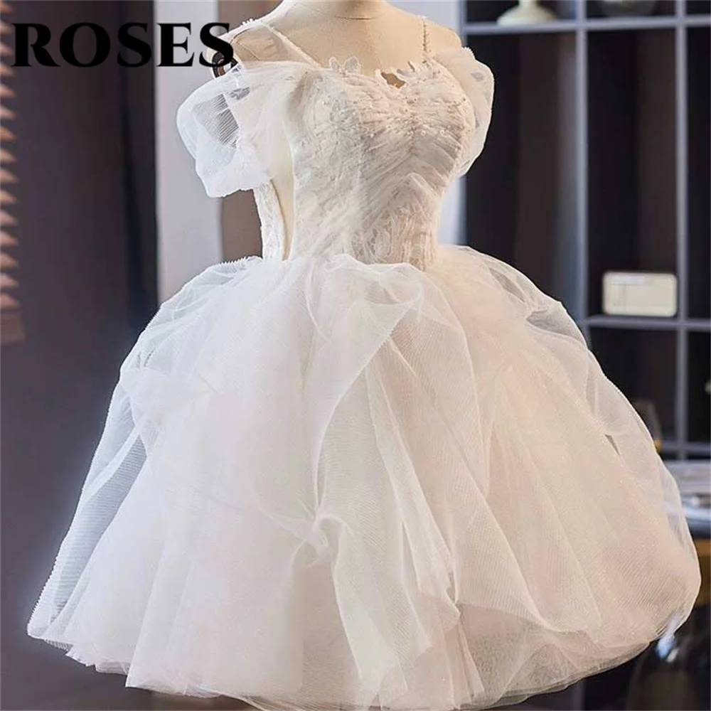 Vestido de noche blanco ROSES, escote en forma de corazón de tul, vestido de fiesta con corsé largo y pliegues, apliques de tirantes finos, vestido de fiesta