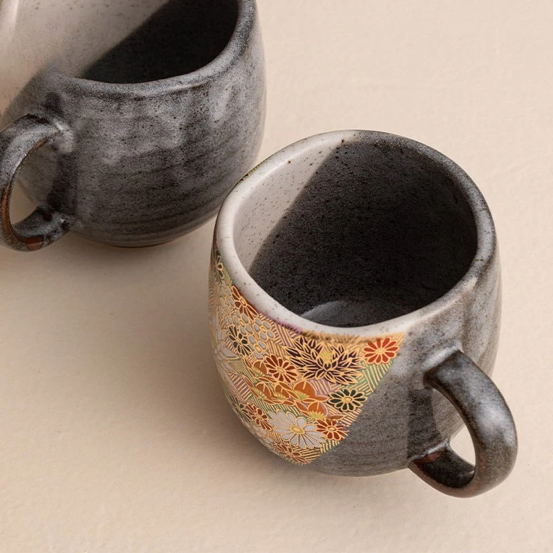 Coffee cup Kutsuyaki, golden flower sea mug, New Year's gift ceramic, couple tea cup