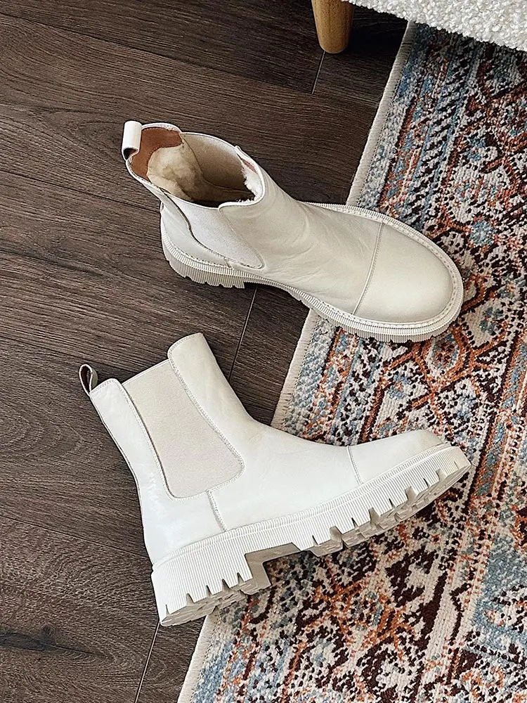 BeauToday Ankle Boots Platform Women Cow Leather Chelsea Boots Round Toe Elastic Band Thick Sole Ladies Shoes Handmade 02379S