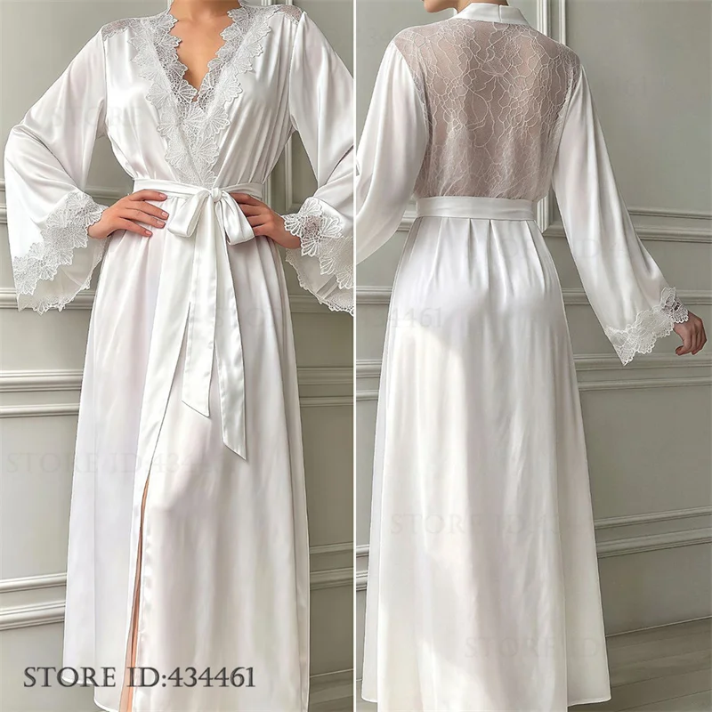 Sexy Patchwork Lace Bride Wedding Long Robe Nightgown Elegant Silky Satin Sleepwear Nightdress Loose Casual Homewear Loungewear