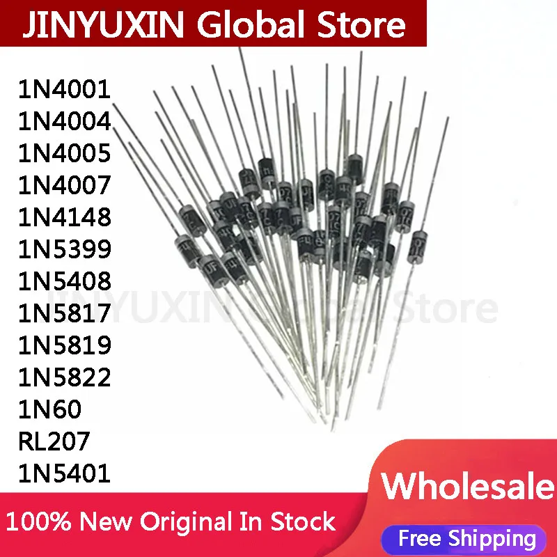 MXY 100PCS New 1N4001 1N4002 1N4003 1N4004 1N4005 1N4007 1N4148 1N5399 1N5408 1N5817 1N5819 1N5822 1N60 RL207 1N5401 1N5818