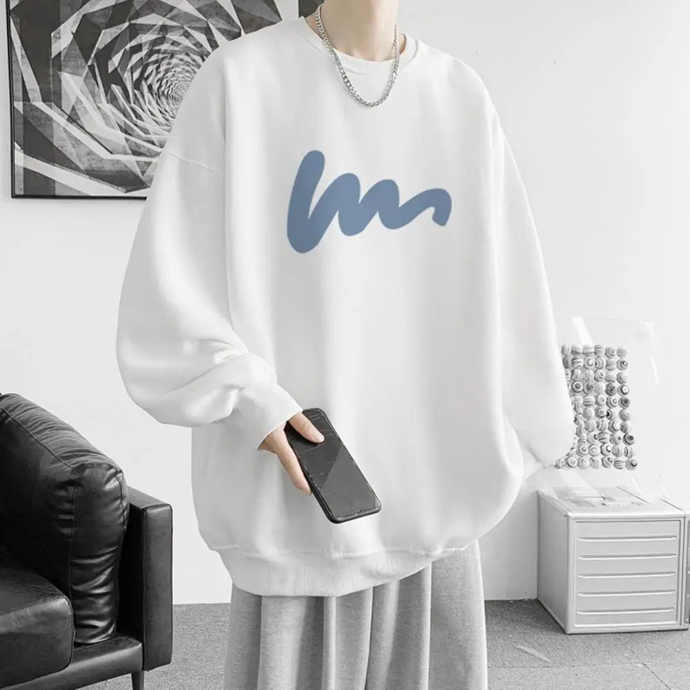 Men Sweatshirt Men's Warm Streetwear Pullover Solid Color Print Sweatshirt with Elastic Cuff Long Sleeve Mid Length for Fall