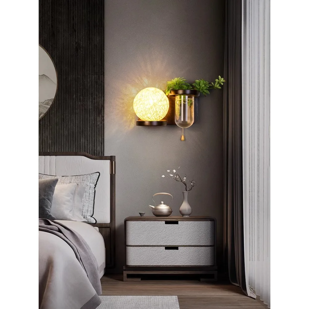 Nordic solid wood bedroom bedside lamp creative green corridor wall lamp pull switch room decorative wall lamp