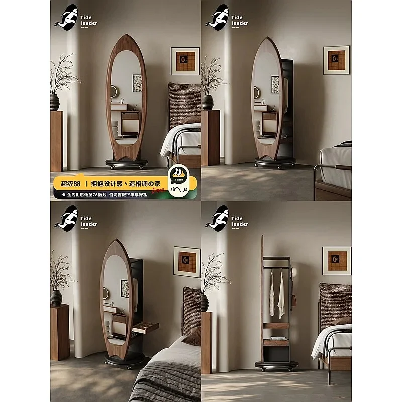 XX Tide Leader Mid-Century Full Length Mirror Coat Rack Stand Walnut Rotating Hanger Movable Organizer For Bedroom