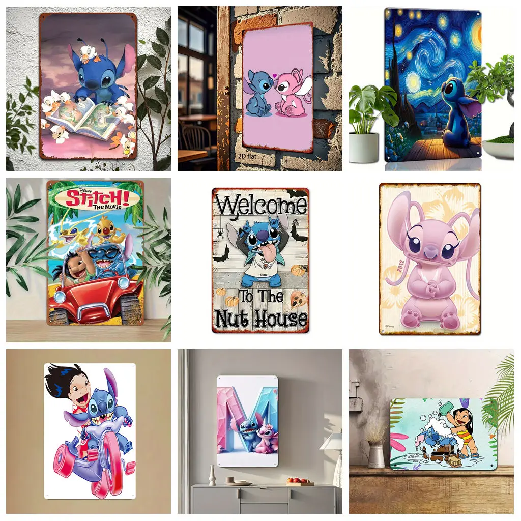 

Miniso Disney Stitch Creative Tin Sign Poster Metal Plaque Retro Decorative Plate Bar Garage Club Metal Sign Wall Decoration