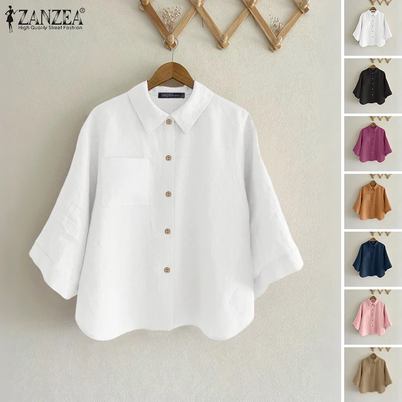 

2026 ZANZEA Spring Shirt Elegant Women OL Work Blouse Solid Loose Cotton Tops Casual Lapel Neck 3/4 Sleeve Blusas Button Chemise