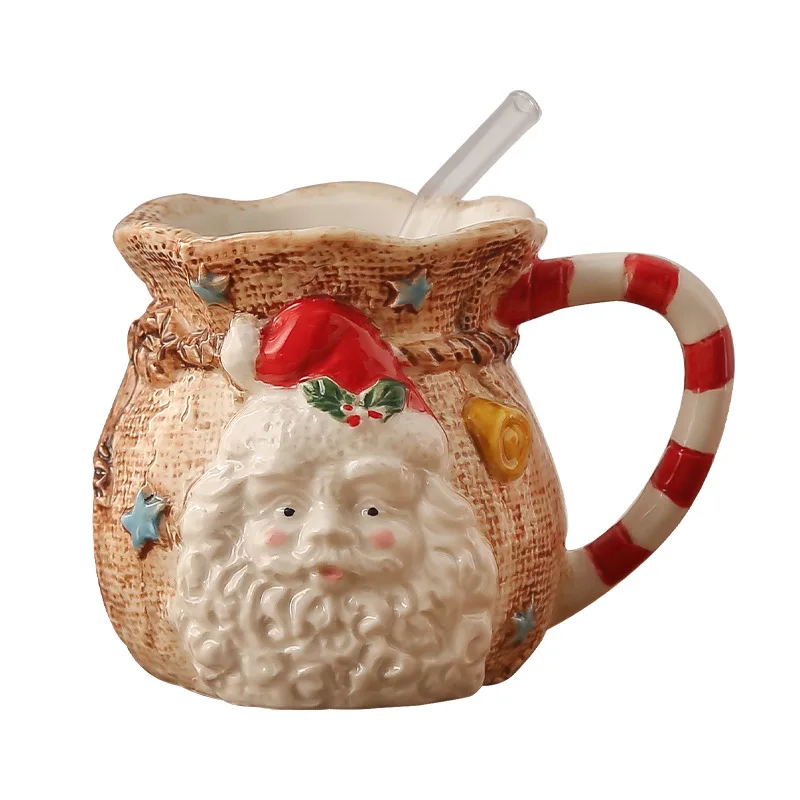 Hand Paint Christmas Mugs Large Capacity Ceramic Cup Creative Retro Cloth Bag Elderly Water Cup Christmas Gift Birthday Present