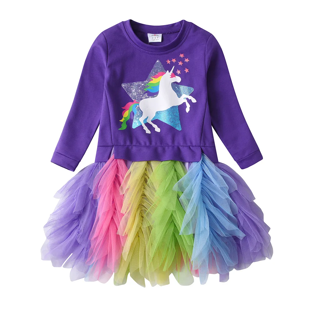 VIKITA Girls Patchwork Dress Kids Unicorn Print Vestidos Kids Sweatshirt Dress Girls Tutu Tulle Mesh Layered Princess Dresses