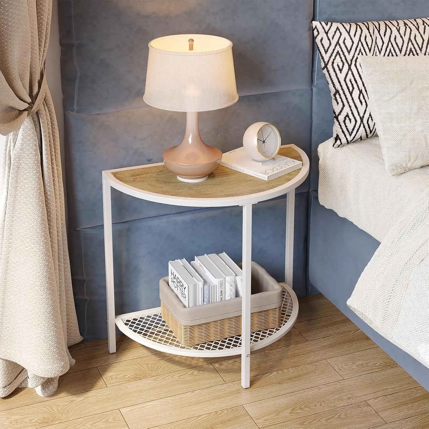 

Small End Table 19.7'' Half Moon Side Table for Living Bed Room 2 Tier 18.7"*10.4" Bed Night Stand Sofa Couch Table with Stor
