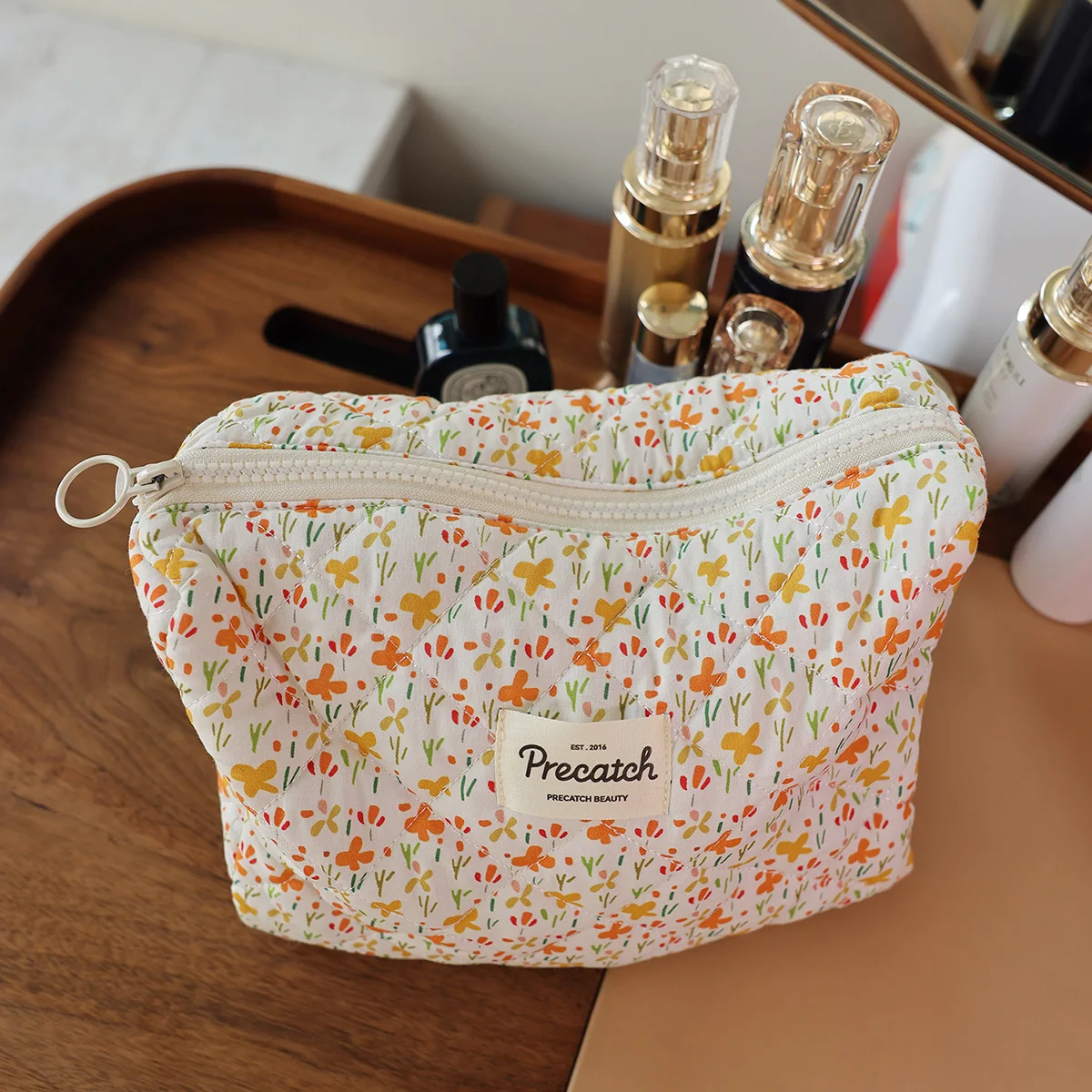 French Style Floral Art Fresh Stitching Cosmetic Bag For Makeup Skincare Travel Daily Storage Summer With Multi-Purpose Flowers