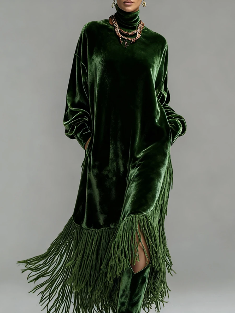 

European American Long Dress for Women Solid Long Sleeves High Neck Velvet Maxi Dress Temperament Elegant High Street Dresses