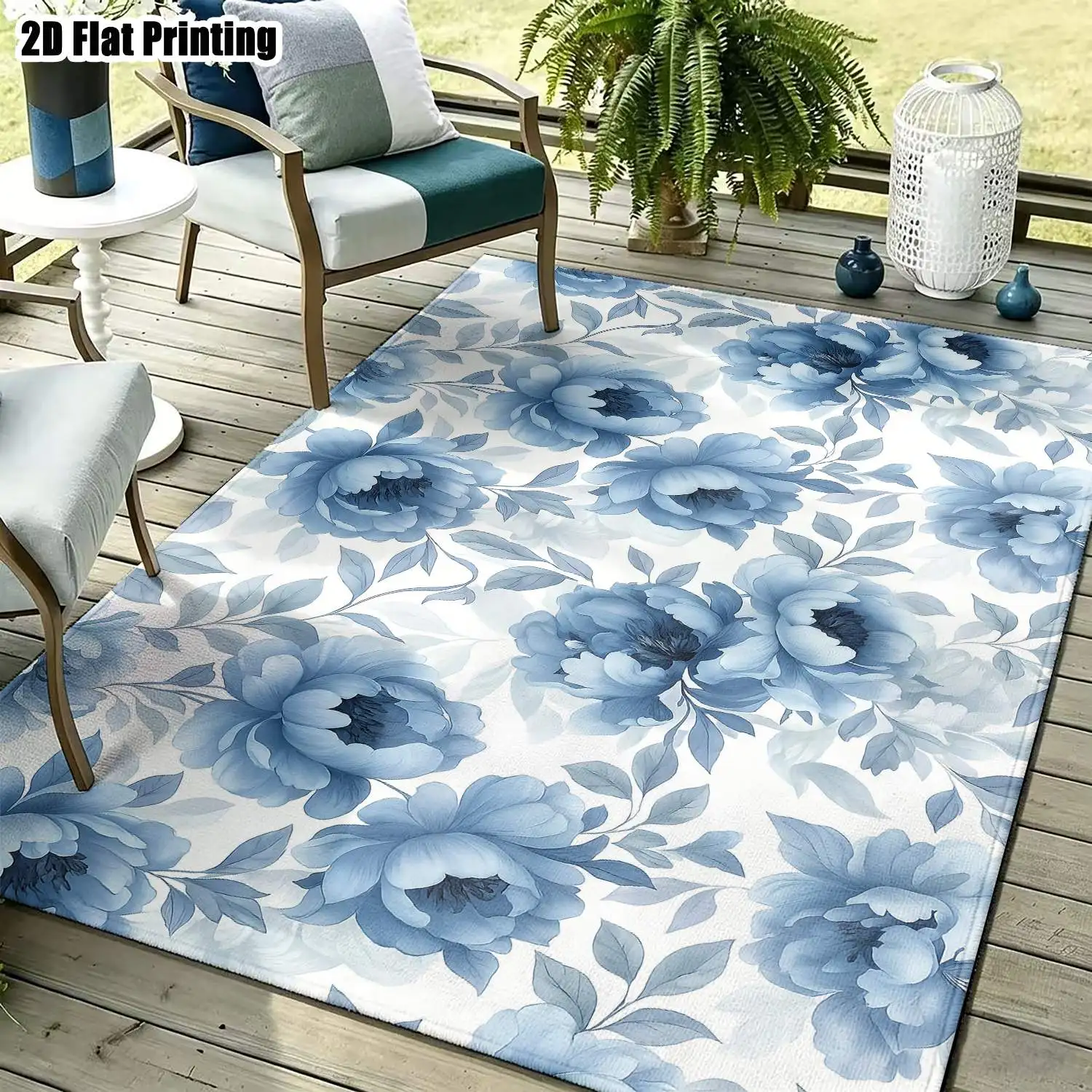 1Pc 2D Printed Blue-White Floral Carpet: Nordic/Instagram/Modern Minimalist/European/Vintage Style, Multi-Size, Machine Washable, for Entryway, Dining Room, Foyer, Bedroom, Living Room Home Decor