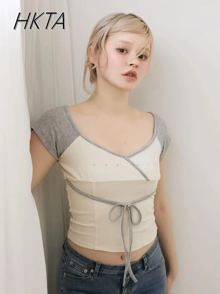 

Japanese Style Letter Embroidered T-shirt 2025 Summer Slim-fit Lace-up Short-sleeved Top Women's Daily Sweet Casual Tshirt Tops