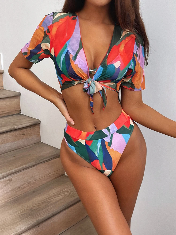 

2024 Sexy Women Colorful Female 3-Pieces Swimsuit High Waist Smock Bikini Push Up Swimwear Bikinis Set Short Sleeve Bathing Suit