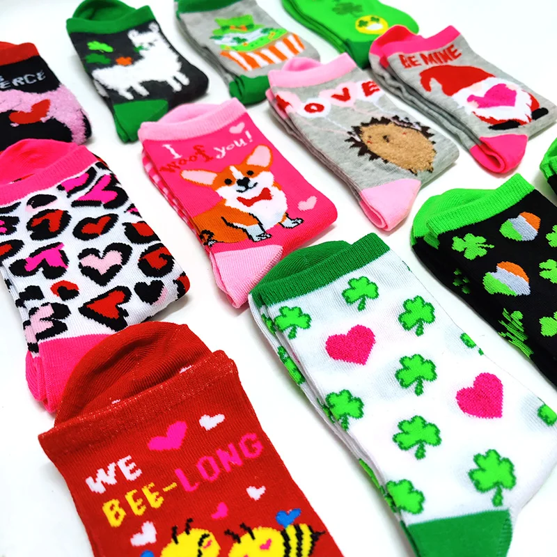 Valentine Day Women Socks Funny Cartoon Socks Four Leaf Clover Corgi Dog Letter Cute Love Dinosaur Anniversary Present Gifts