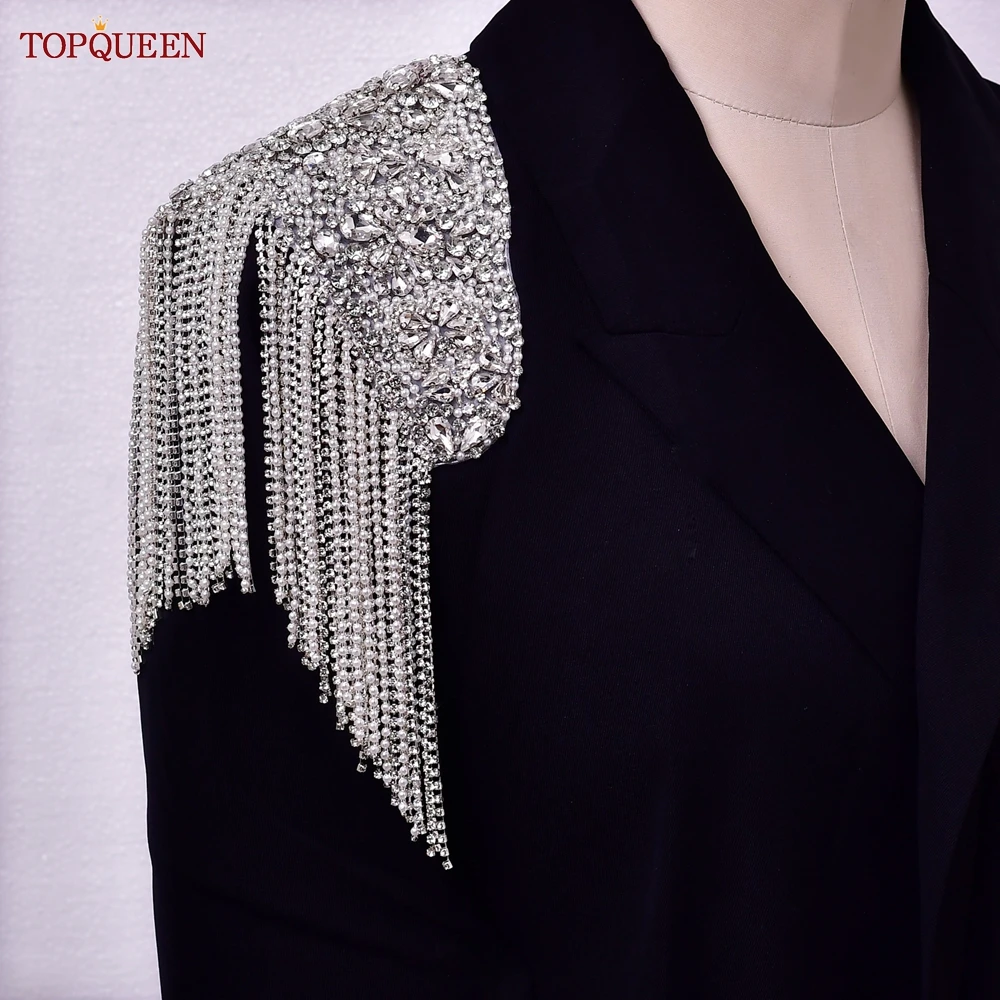 TOPQUEEN SP36 Rhinestone Applique Bling Large Sewing Patches Epaulets for Women Ladies Bridal Party Clothing Dresses Gown Coats