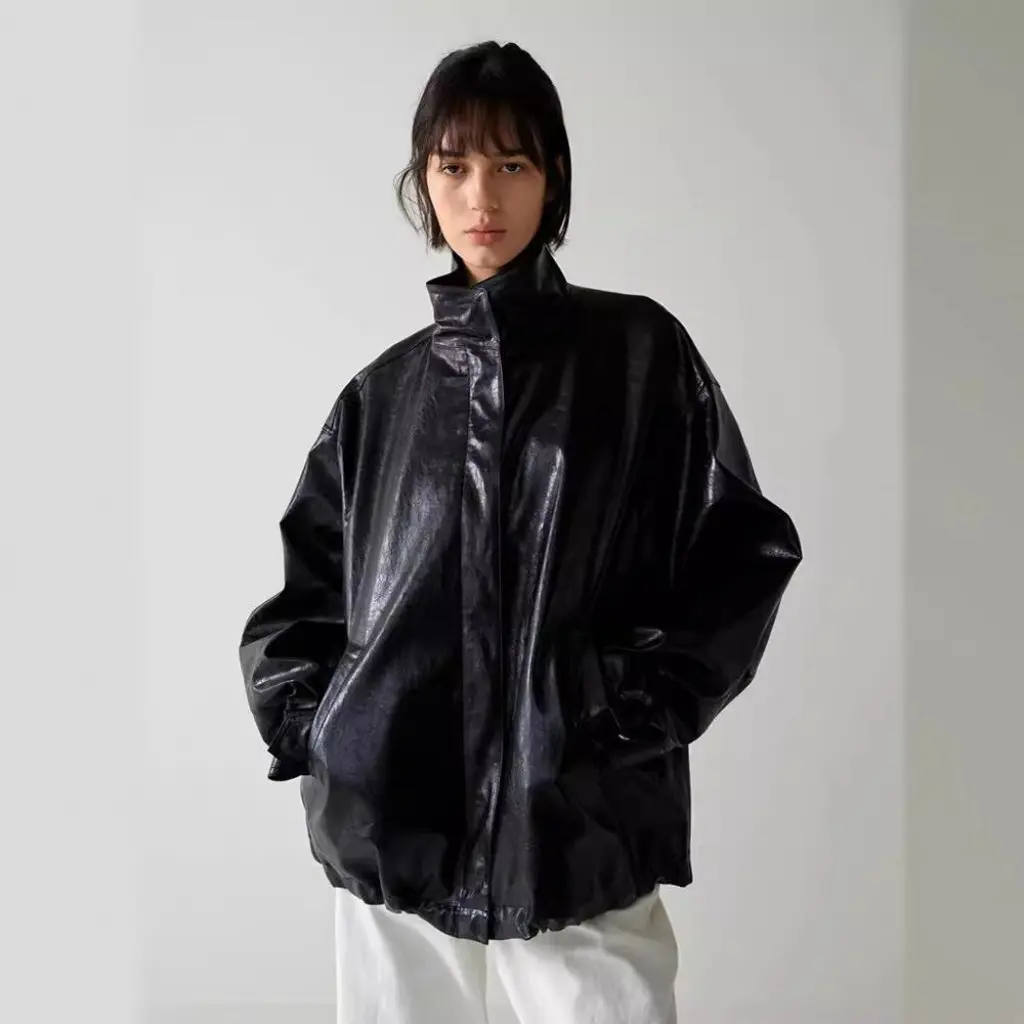 

F*Cade P*Ttern Leather Jacket for Women Loose Stand-Up Collar Motorcycle Style Silhouette Commuter Top for Spring Summer Autumn