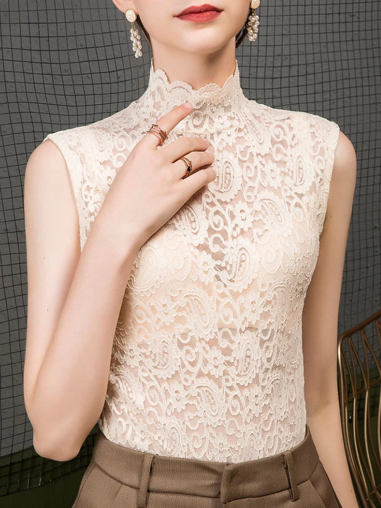 French Style High Neck Lace Shirt for Women, Spring and Summer Perspective Sexy Top, Winter Thick Sleeveless Vest Pullover