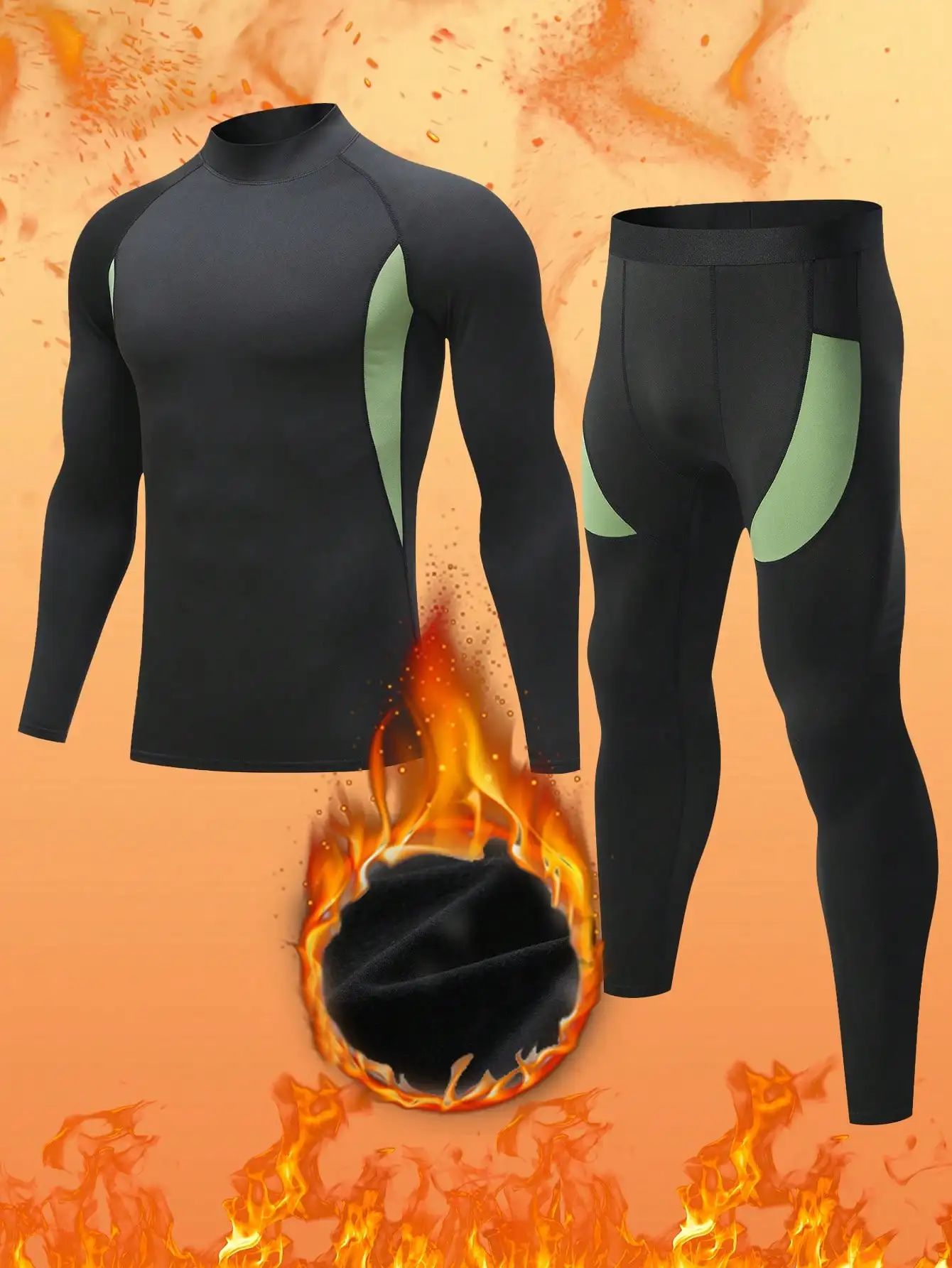 

Men's High-Neck Thermal Base Layer Set - Black with Green Panels, Fleece-Lined for Cold Weather