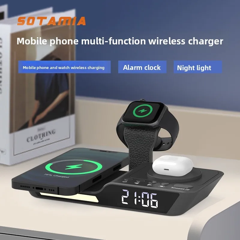 

SOTAMIA 1 шт., беспроводное зарядное устройство «три в одном», часы, держатель для мобильного телефона, будильник, ночник, многофункциональное беспроводное зарядное устройство