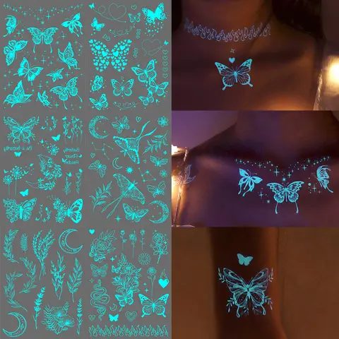 6 Sheets Blue Luminous Butterfly Flowers Tattoo Stickers,Glow In The Dark,Wedding & Music Festival Party Favor Decor Supplies