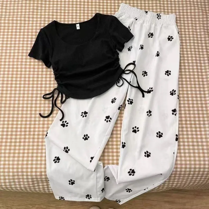 Two Piece Sweet and Spicy Girl Drawstring Short Sleeve Top Women Wide Leg Casual Pants Set Two Piece