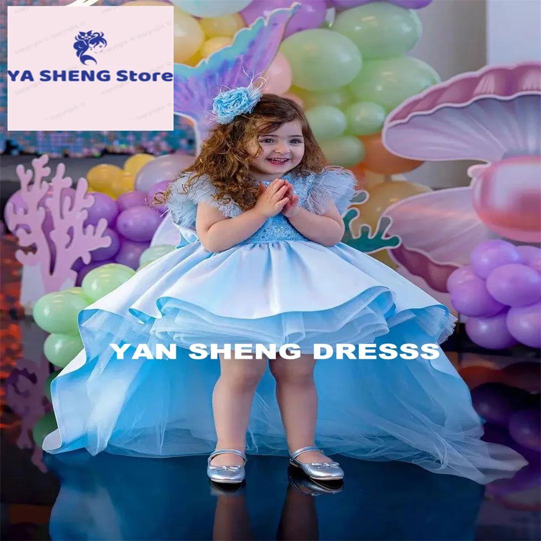 

Customized Flower Girl Dress For Wedding Tulle Sleeveless Ruffles Feather Puffy Princess Kids First Communion Ball Gown