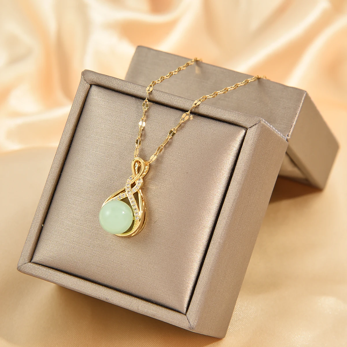 1piece Titanium Steel Chain Charming Cute Hollow Water Drop Green Imitation Jade Pendant Necklace for Women, Lucky Jewelry Gift