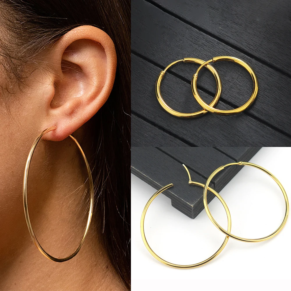 2Pcs Simple Classic Stainless Steel Smooth Big Round Circle Hoop Earrings For Women Huggie Piercing Jewelry 50mm/60mm/70mm