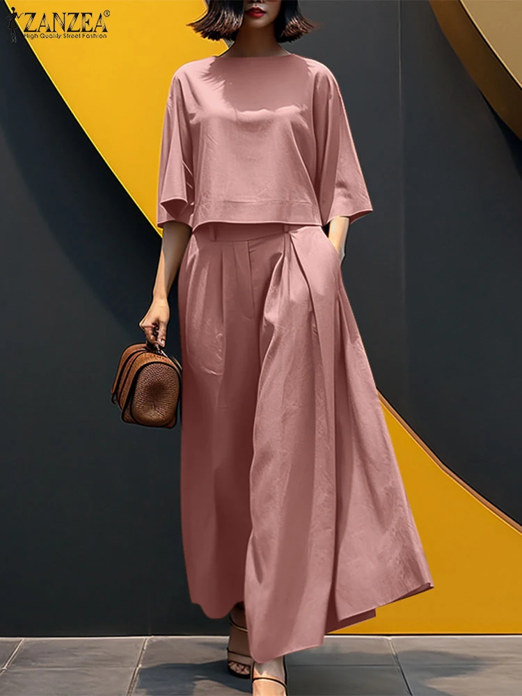 

ZANZEA Summer 2pcs Outfits Women Pant Sets Baggy Blouse Wide Leg Trousers Suit Fashion Solid Work Tracksuits 2025 Matching Sets