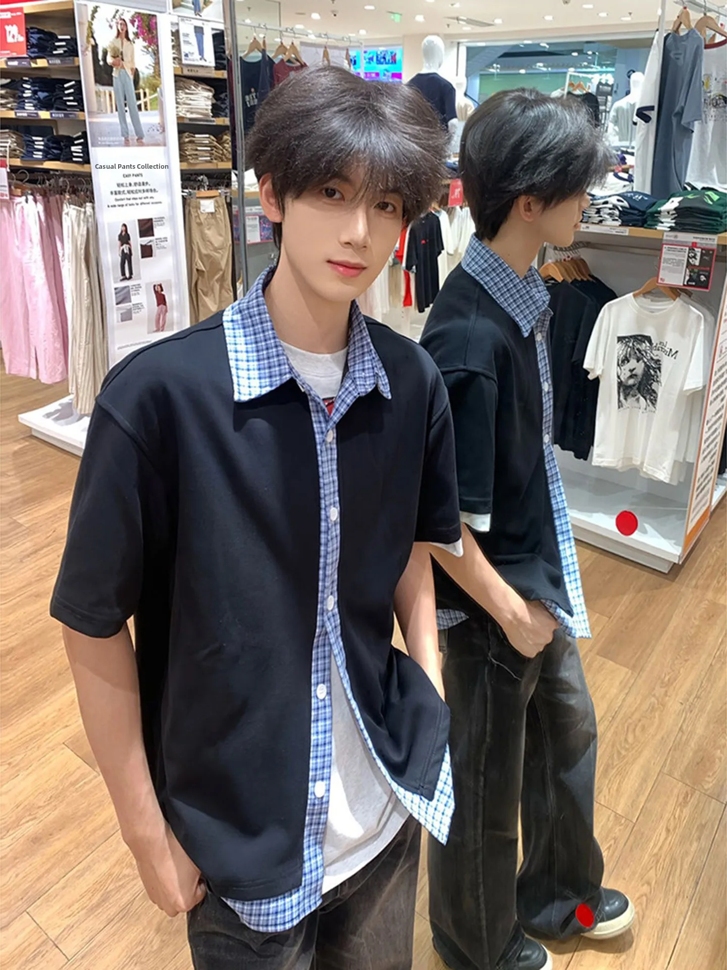 

Preppy Plaid Short Sleeve Shirt Men's Summer High Sensation Cool American College Style Pasted Shirt Youth Popular Daily Wear