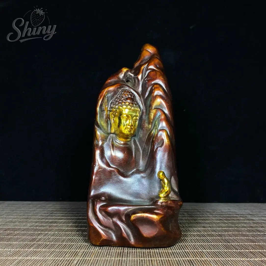 

Ancient Chinese Copper Gilt Sakyamuni Buddha Statue High Mountains and Flowing WaterBackflow Incense Burner Estatuas Religiosas