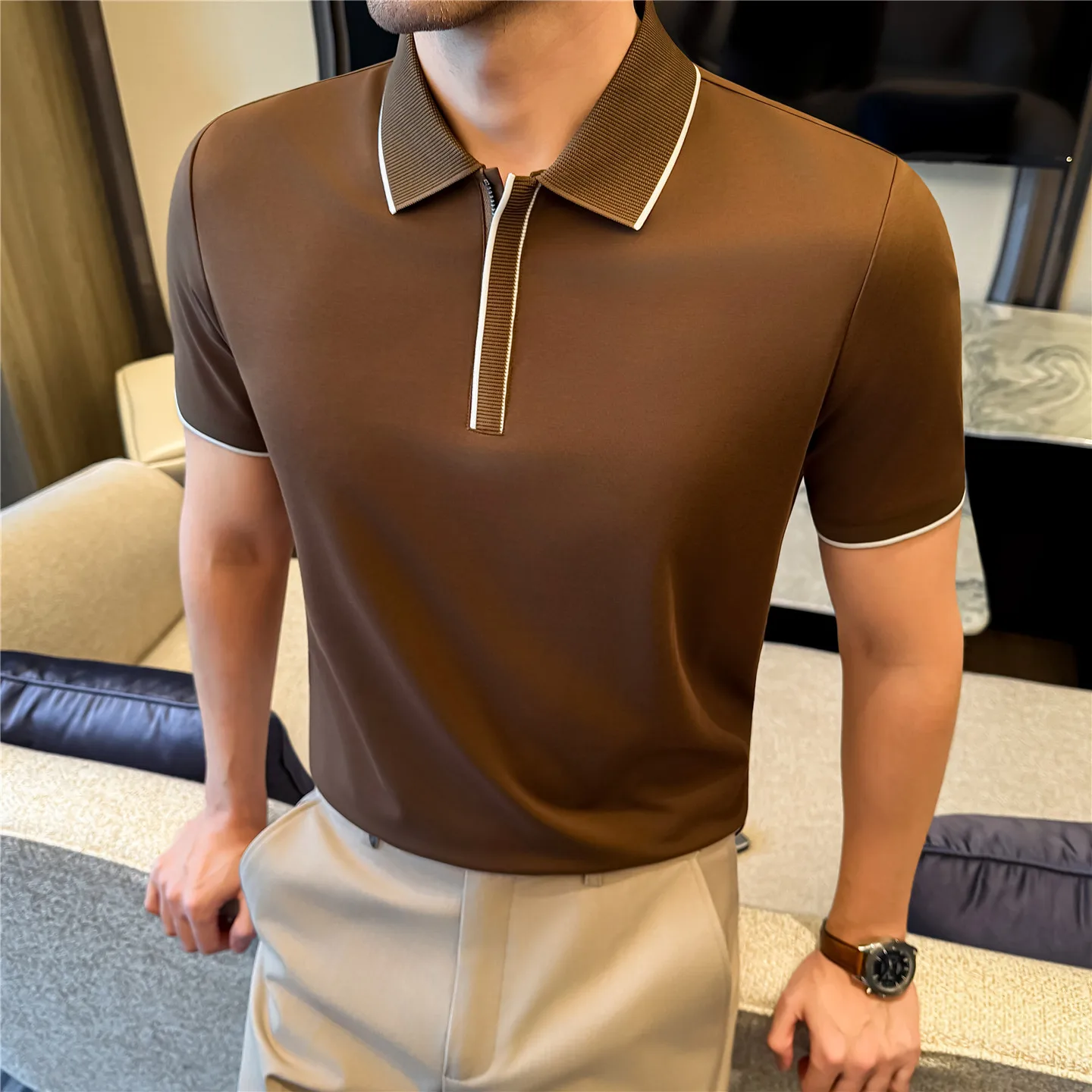 Men's Short Sleeved Polo Shirt Summer Hidden Half Zipper T-shirt Fashion Contrasting Color Casual Business Lapel POLO T-shirts