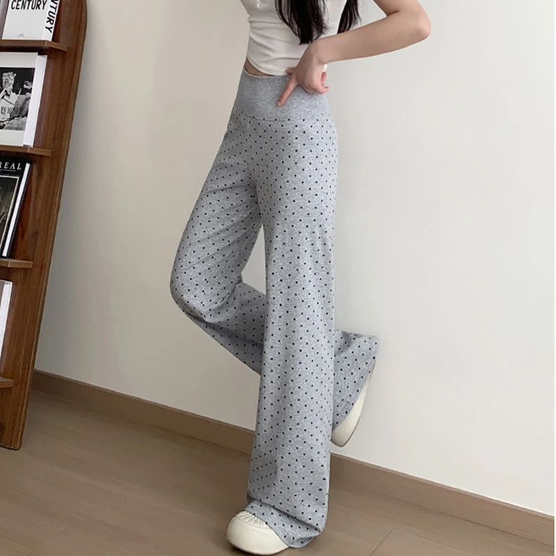 Korean Polka Dot Micro Flared Pants for Women Autumn Thin Elastic High-waisted Casual Pants Woman Slim Fit Long Trousers