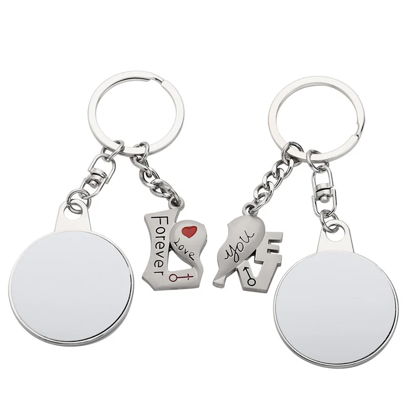 Sublimation Blank Keychain 1Pair=2pcs Metal Pendant Key Chain Round&Heart Shaped Key Ring Holder Custom Logo Jewelry Small Gift