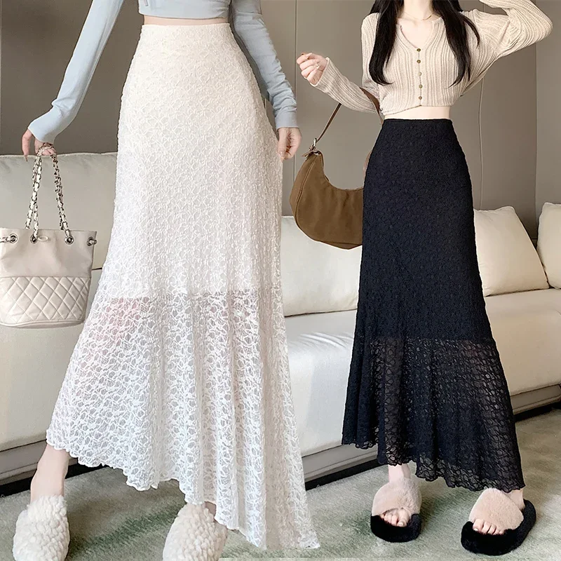 

2024 Spring and Autumn New High Waist Slimming Lace Fishtail Skirt Long Skirt with Irregular Drop Feeling