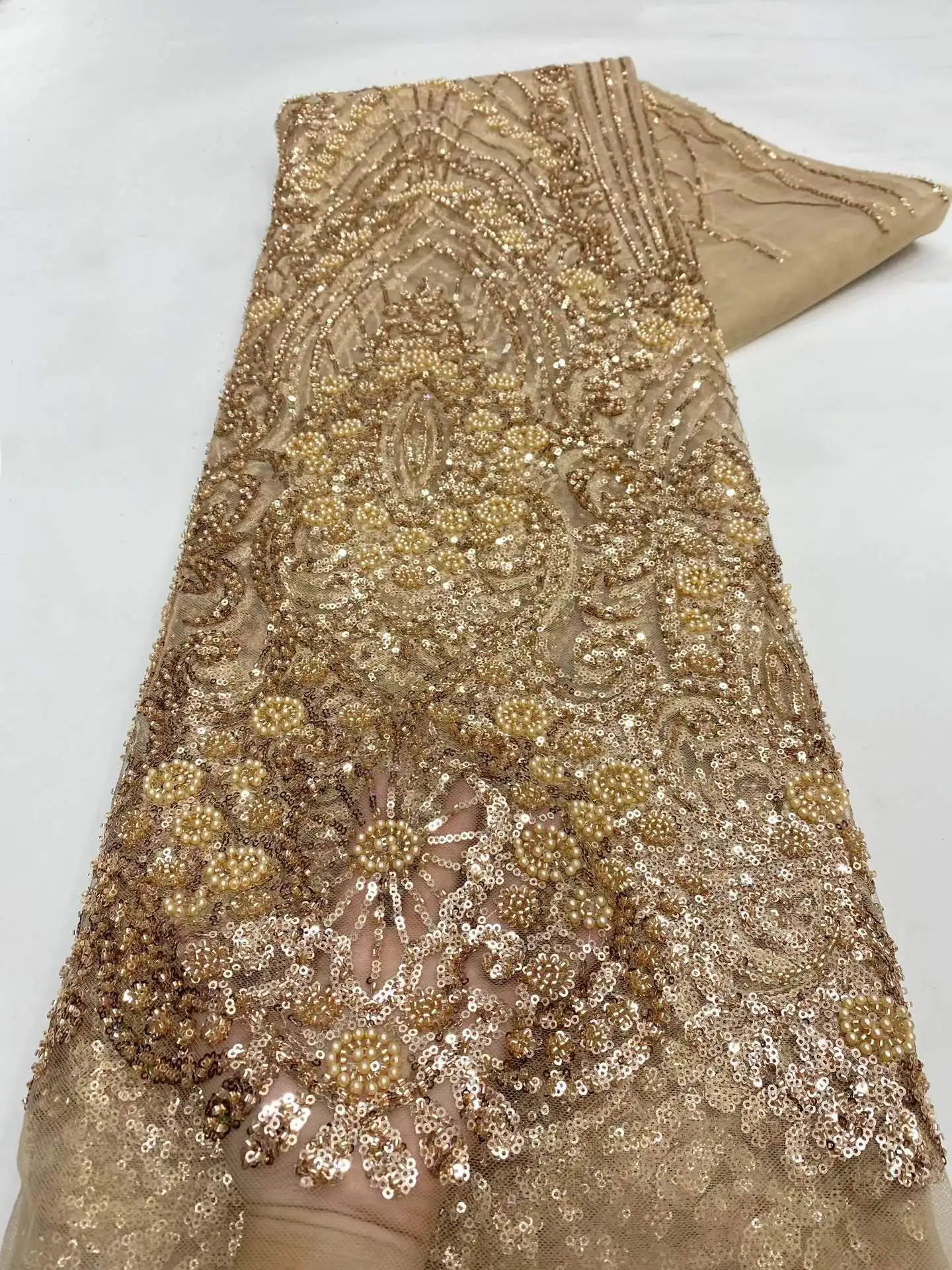 

High Quality Lace 5 Yards French Lace Fabric Nigerian Lace Fabrics African Sequins Beaded Lace Fabrics For Wedding Party