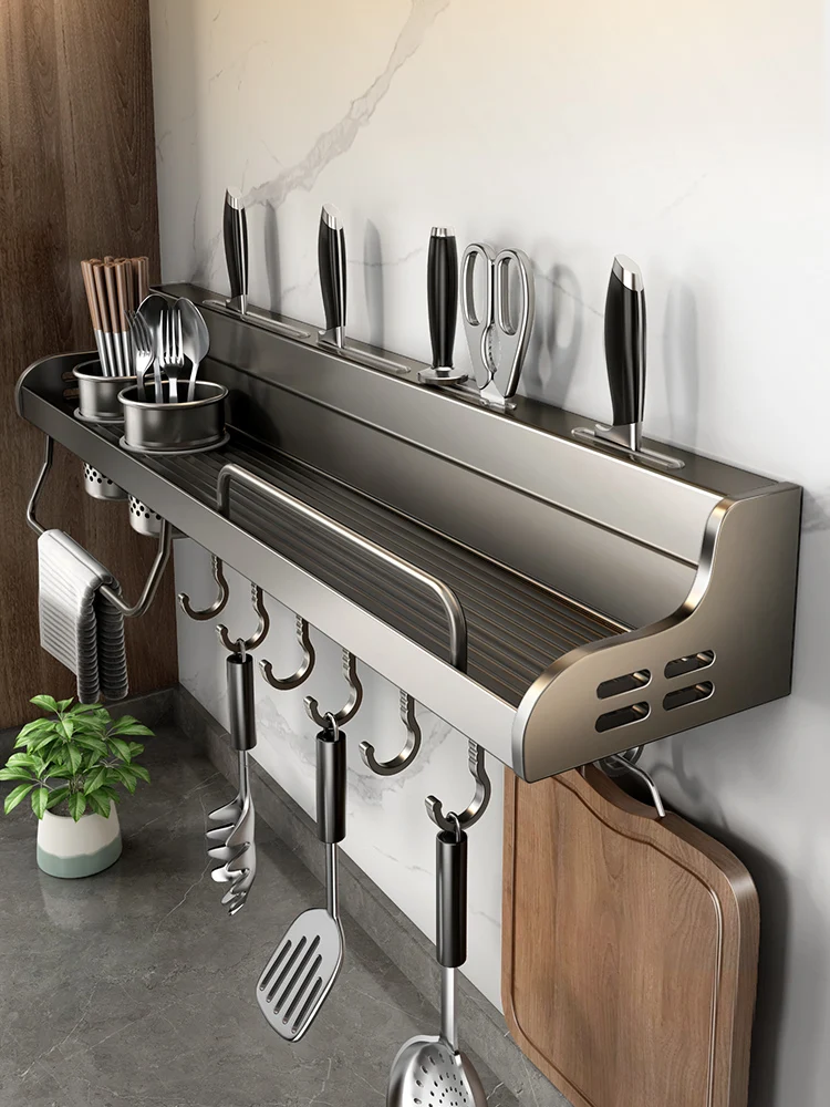 Wall-mounted kitchen storage rack, perforated free, multifunctional household seasoning, chopsticks, knife holder, and supplies