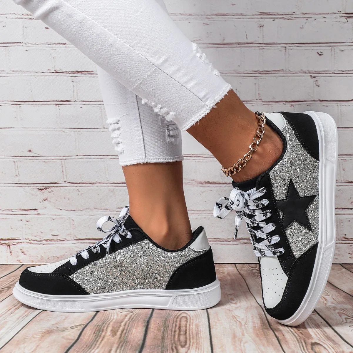 Rose Red Stylish Color Block Glitter Star Patchwork Lace-up Flat Shoes Girls Leopard Sequins Versatile Outdoor Skateboard Shoes